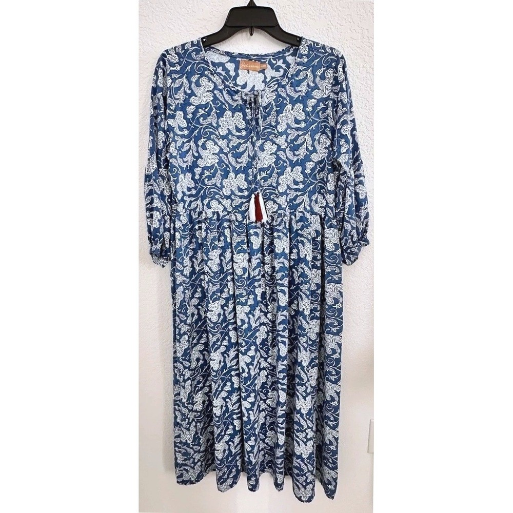 Shae by Sassafras Country Cottage Boho Modest Sundress XL Blue Floral Tasseled